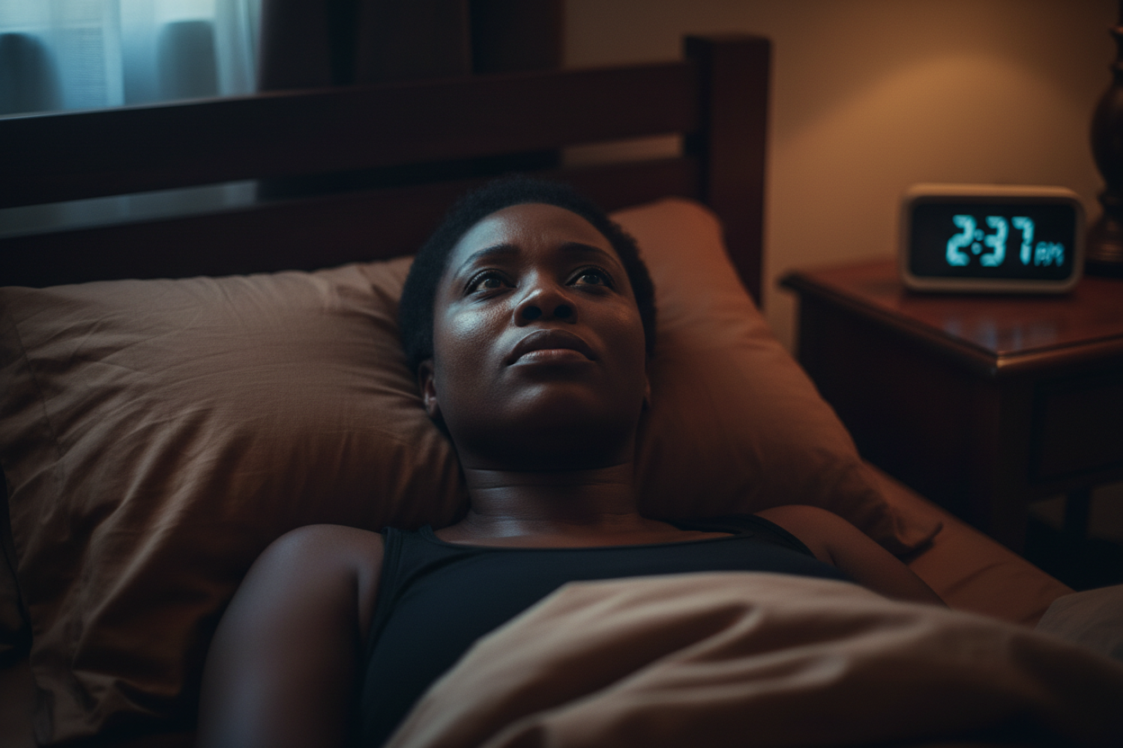 Person awake at night stressed